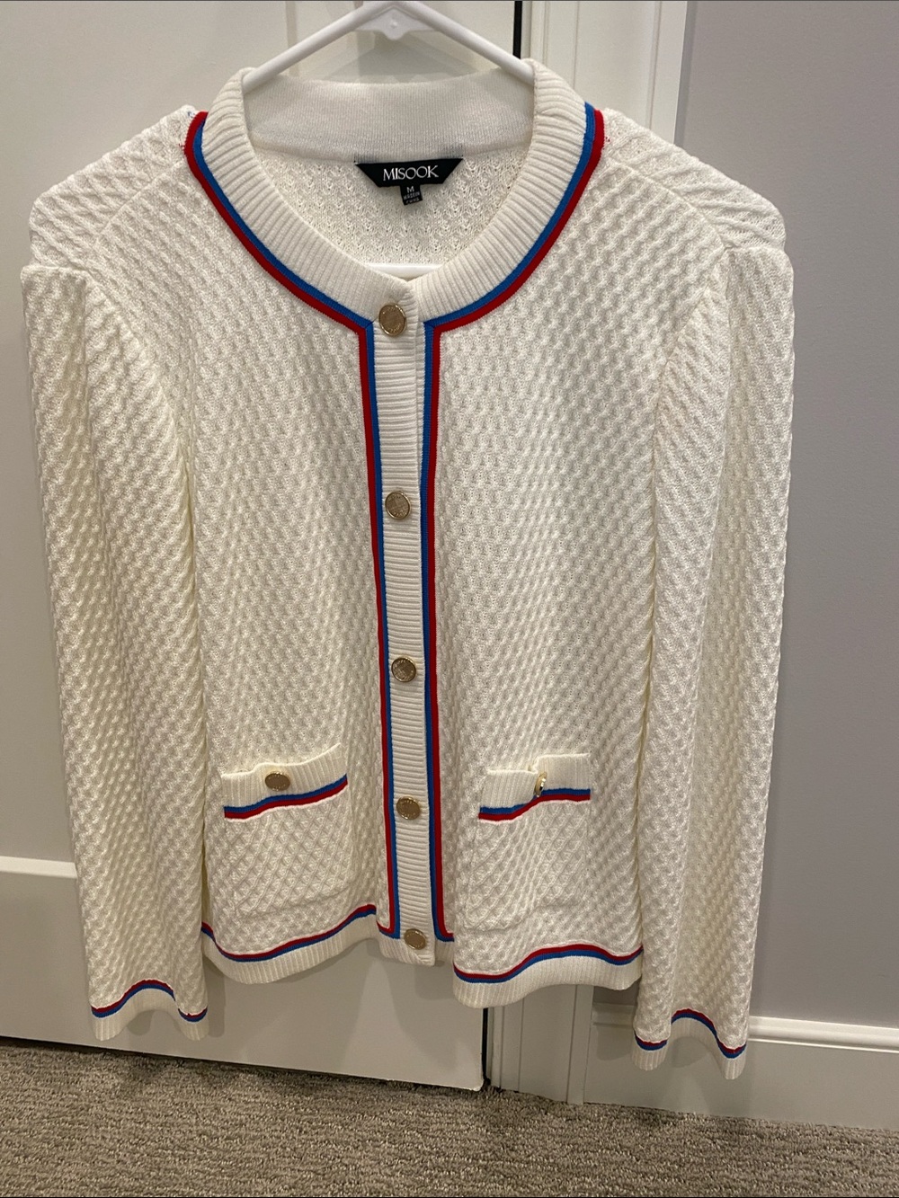 MISOOK Cream Knit Cardigan with Red & Blue Trim with Cream colored shell 2pc